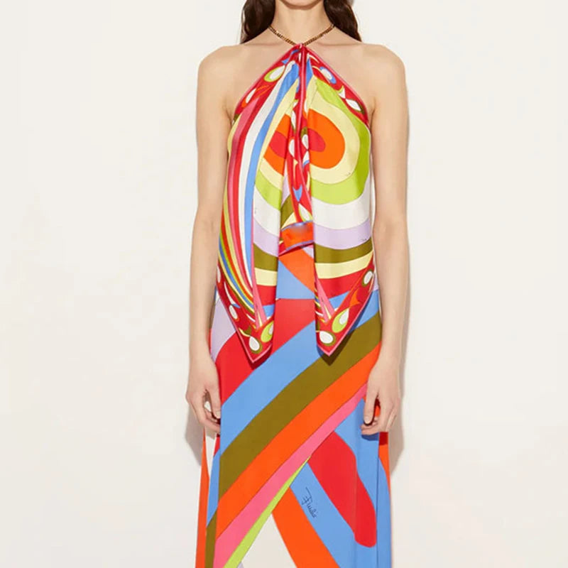 New 2025 Vacation Hollow Sleeveless Bohemian Shirt Chain Halter Pleated Club T-shirts Satin Print Slim Fit Women's Top Blouses