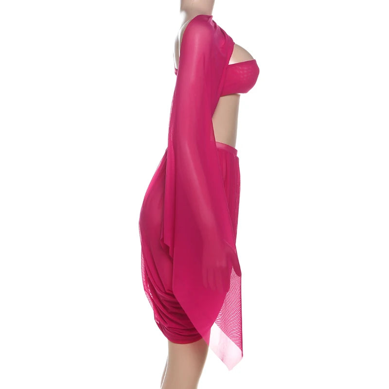 Sheer Long Sleeve Crop Top and Ruched Split Skirt Set for Women