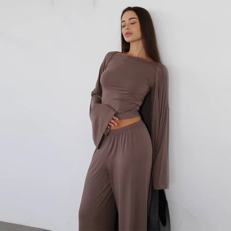 Casual Three Piece Shirt, Coat And Wide Leg Pants Set for Women