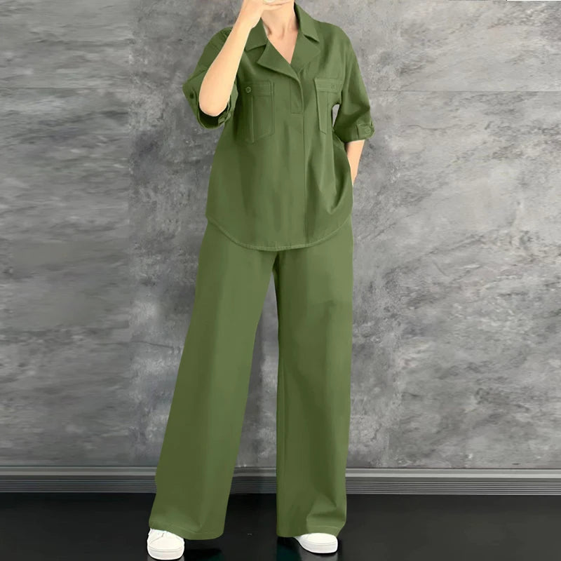 Loose Blouse And Wide Leg Pants Set
