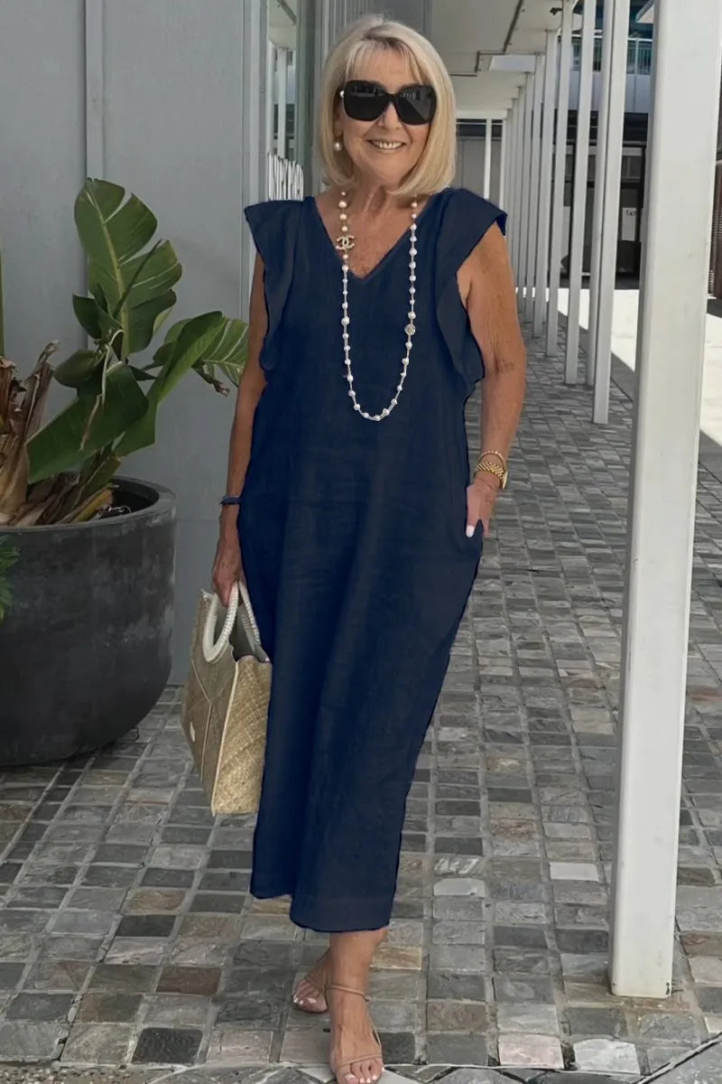 Back Tie Flutter Sleeve Ankle Length Linen Dress for Women