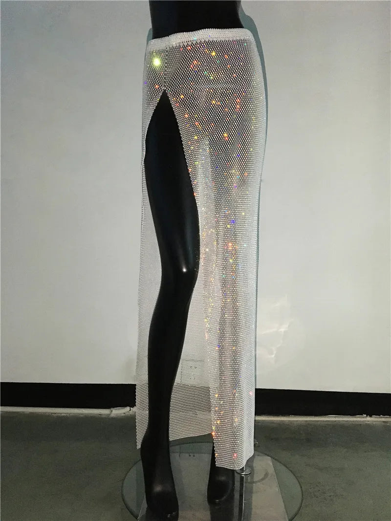 Glitter Rhinestone Long Fishnet Split Skirt for Women