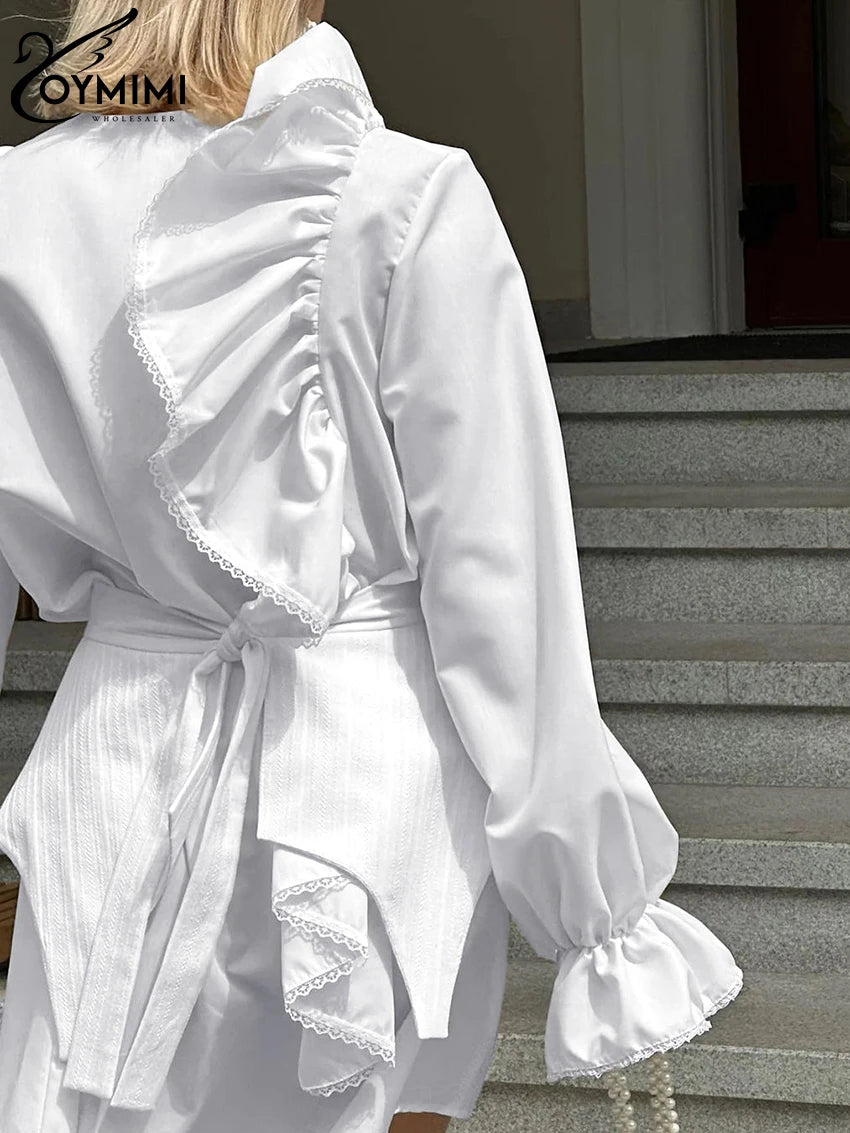 Oymimi Fashion Loose White Cotton 2 Piece Sets Women Outfit Elegant Ruffle Long Sleeve Girdle Single Breasted Mini Dress Set