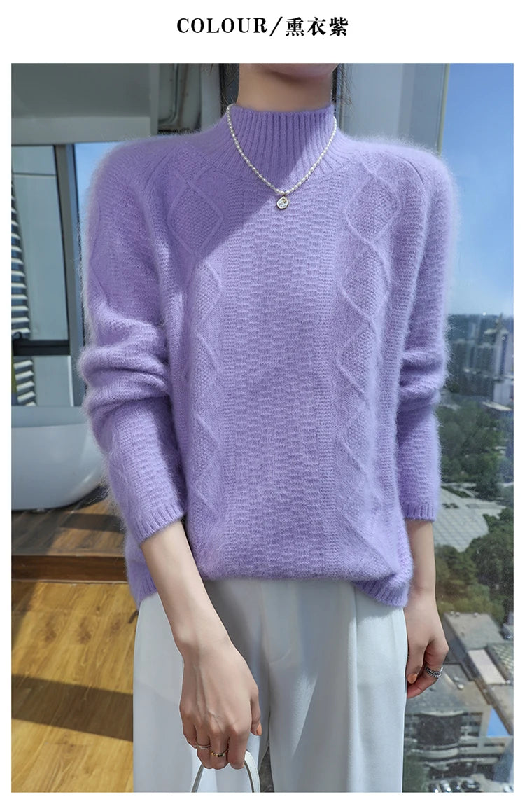 Floral Jacquard Long Sleeve High Neck Knit Sweater for Women