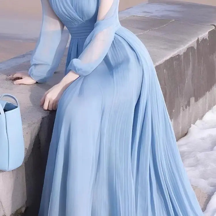 Elegant Blue Chiffon Ankle Length Flowing Dress For Women