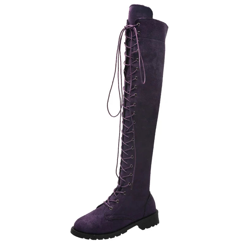 Lace Up Low Heel Winter Over The Knee Boots for Women