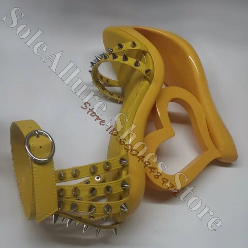 Glossy Patent Leather Spiked Heart Cage Wedge Sandals For Women