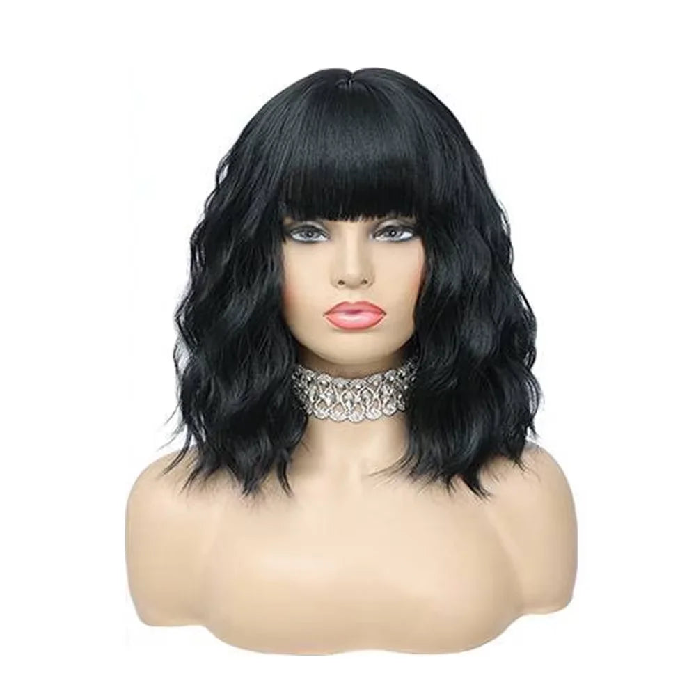 Natural Brown Synthetic Curly Wavy Bob Wig With Bangs For Women