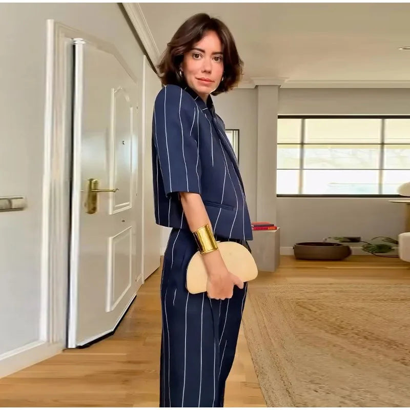 Elegant Striped Two Piece Coat and Pants Set for Women
