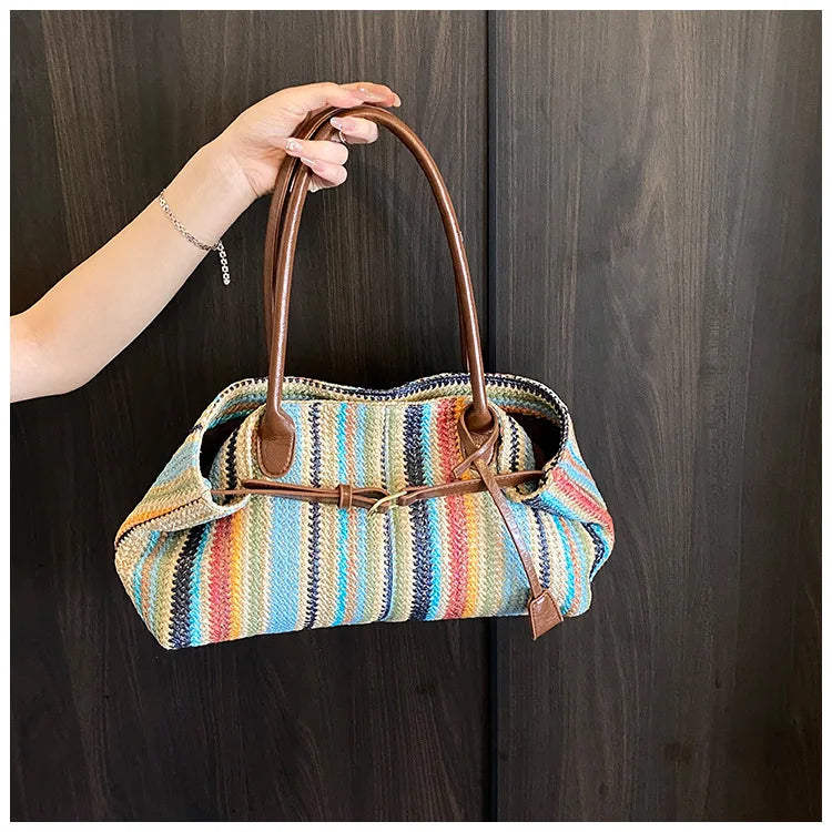 Large capacity rainbow woven tote bag, women's new versatile commuting beach bag, shoulder bag