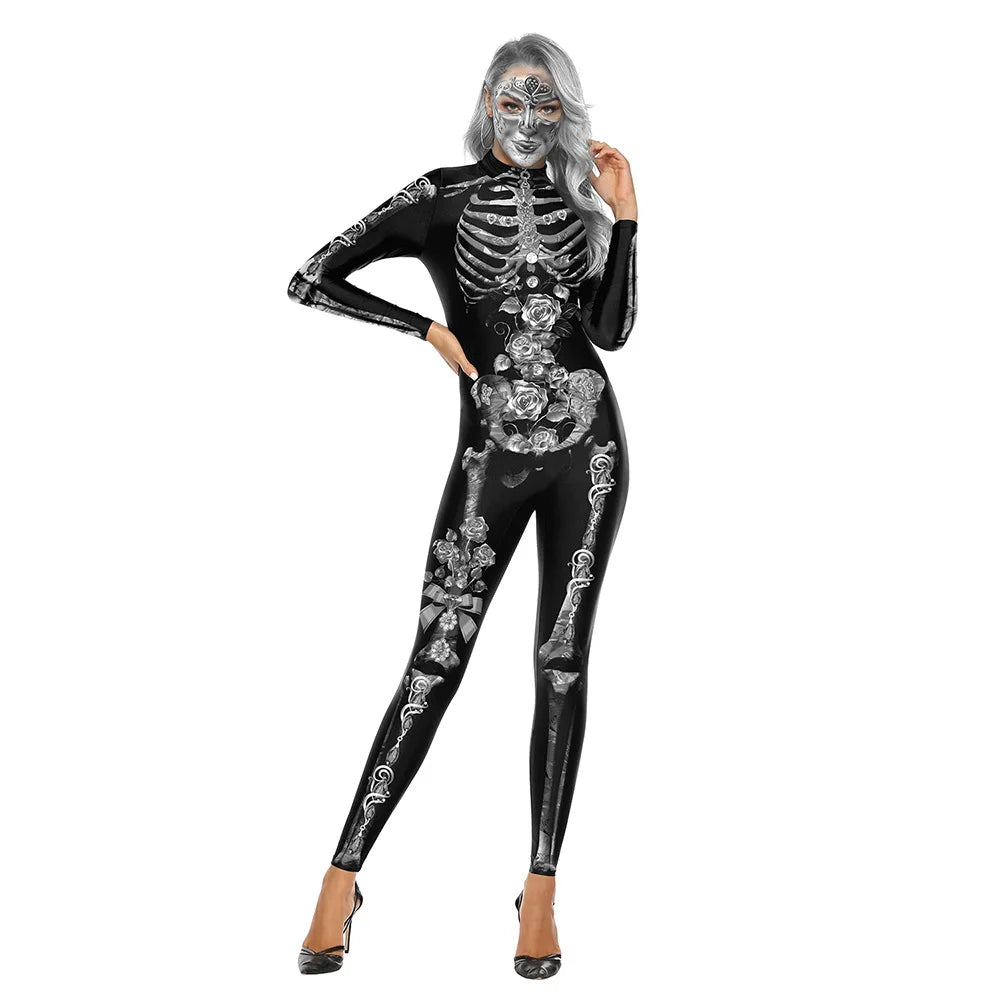 Floral Skull Halloween Skeleton Print Bodysuit for Women