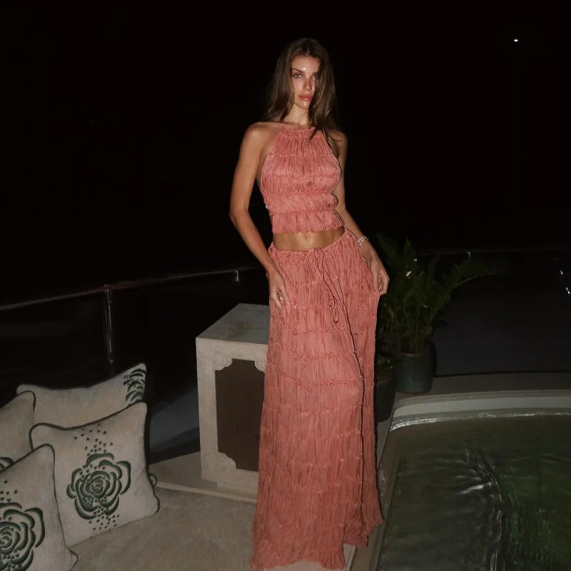 Chic Ruffle Long Skirt 2-piece Set Women Fashion Slim Fit Backless Sleeveless Elastic Halter Vest Suits 2025 Summer Y2k Outfits