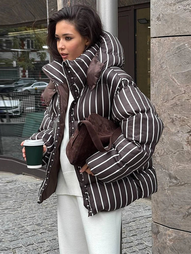 Striped Cotton Quilted Coat Single Breasted for Women