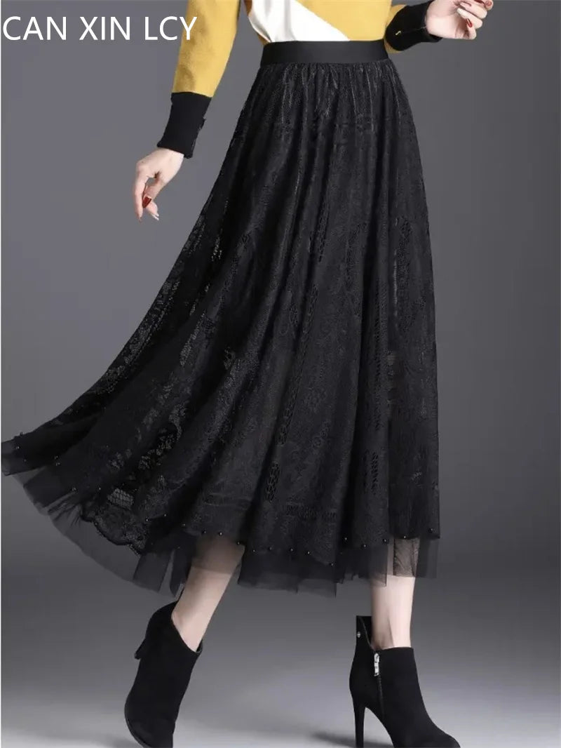 High Waist Lace Skirt With Hollow Out Studded Details For Women