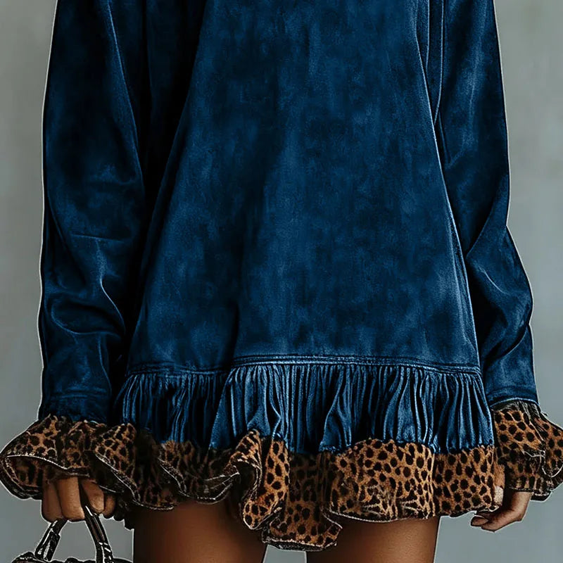 Vintage Fashion Patchwork Leopard Ruffle Dress Woman Casual Turtleneck Slim Mini Dress Autumn Long Sleeve Female Pullovers Dress
