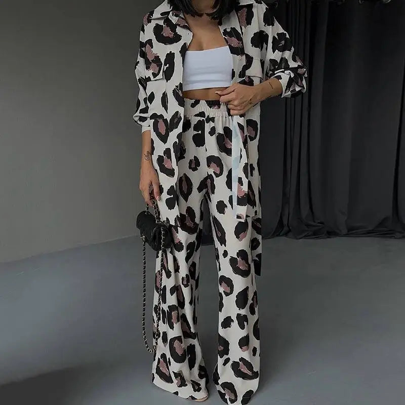 Fashion Leopard Print Women's Two Piece Sets Elegant Casual Button Streetwear Long Sleeve Shirt And Wide Leg Pants 2 Piece Sets