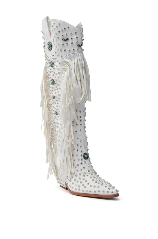 2025 Diamond Fringes Western Boots Women Sparkly Block High Heels Crystal Trim Shoes Ladies Winter Pointed Toe Knee High Boots
