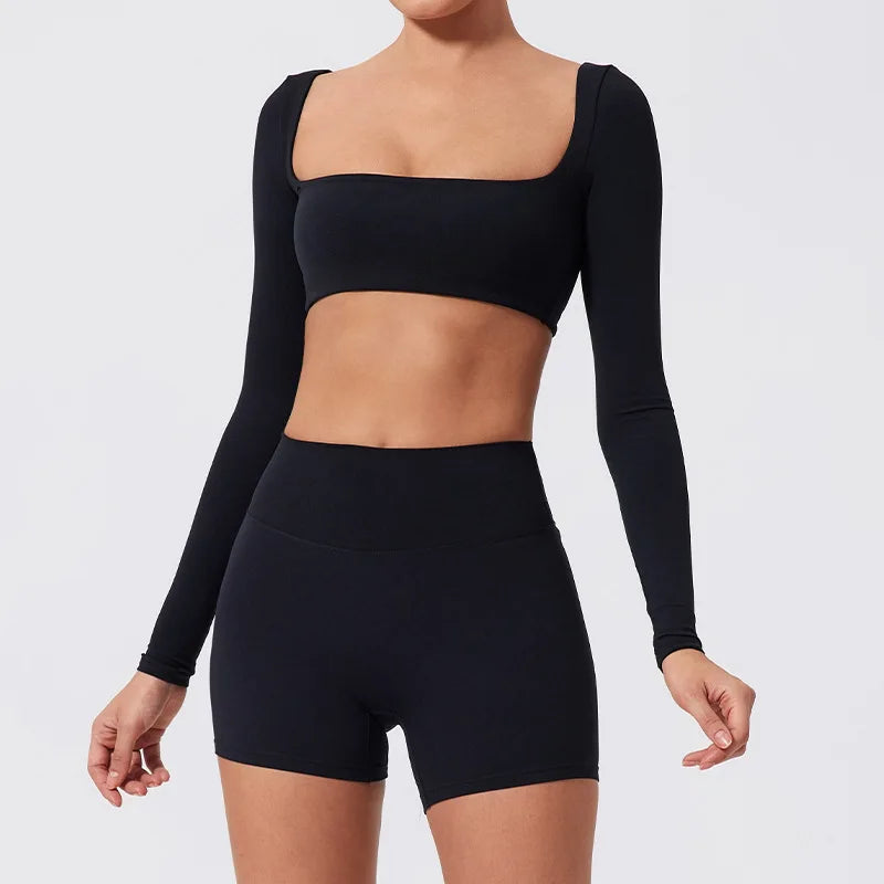 Sporty Solid U-Neck Crop Top and Shorts Two-Piece Set for Women