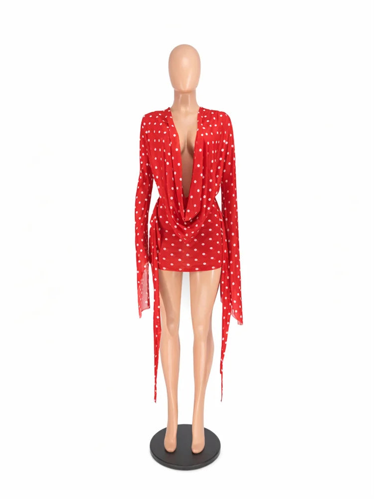 Sexy Polka Dot Backless Batwing Sleeve Dress for Women