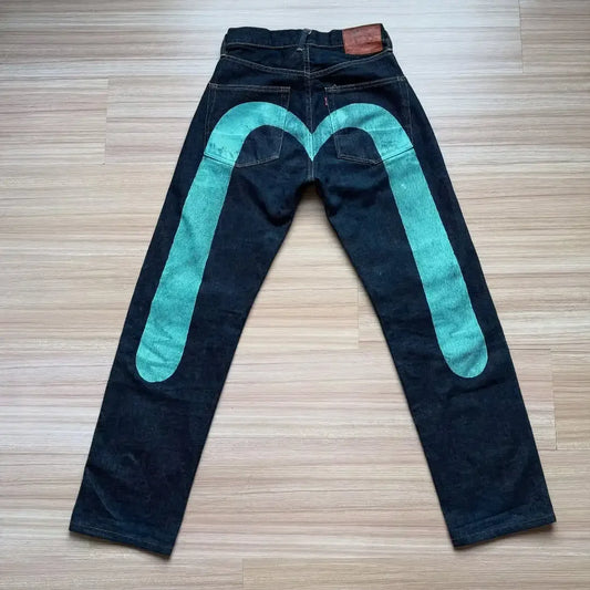 Retro Design Y2K Unique Letters and Lines Illusion Creative Brand Color Print Classic Jeans Men Straight Versatile Street Pants