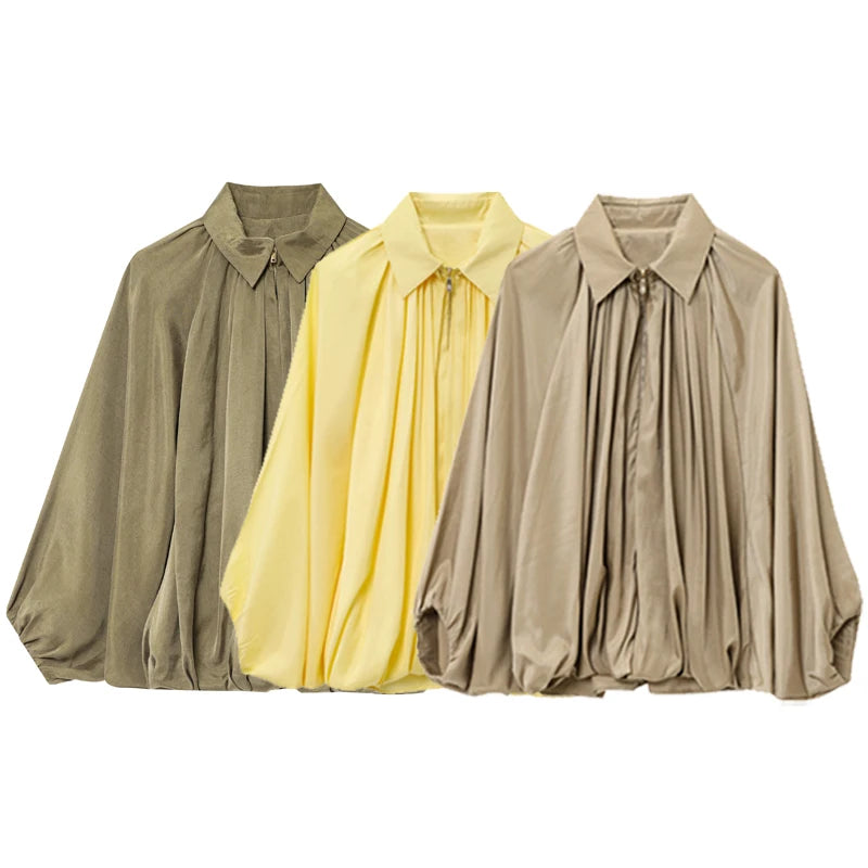 Ruffled Oversized Long Sleeve Bomber Jacket for Women