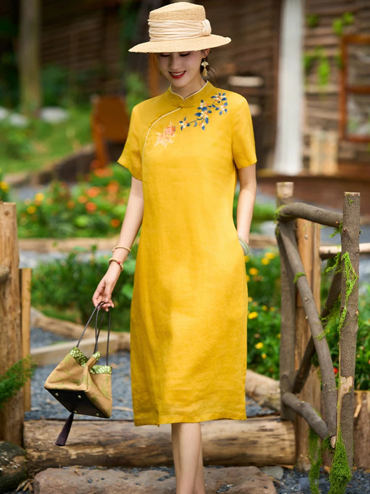 Linen Mandarin Collar Embroidered Cheongsam Dress for Women