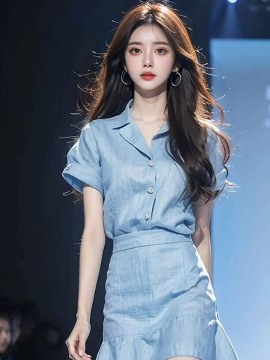 2 Pieces Sets for Women Short Sleeve Skirt Blue Woman Outfit Beach Top and Bottom Stylish Formal Occasion Clothing Trend 2025