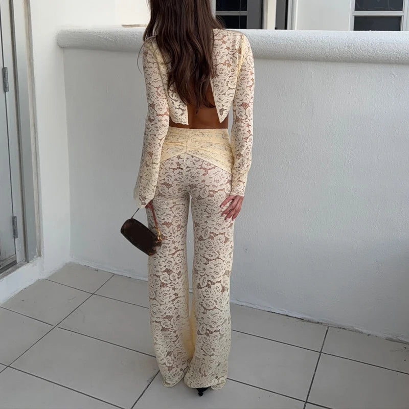 Fashion O-neck Crop Top & Long Pant Women Outfits Elegant Backless Design Slim Party Set Sexy Lace Embroidery Solid 2 Piece Suit