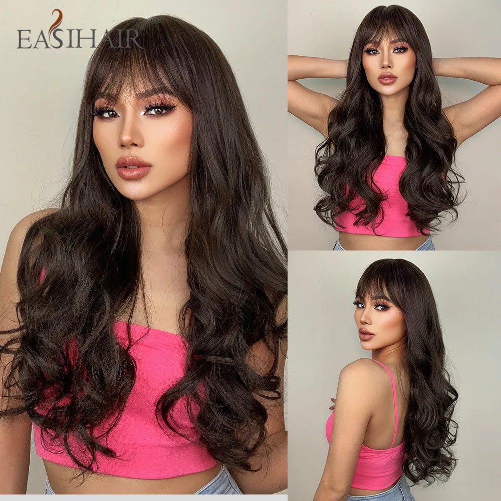 Long Wavy Black Synthetic Wig With Blonde Bangs for Women