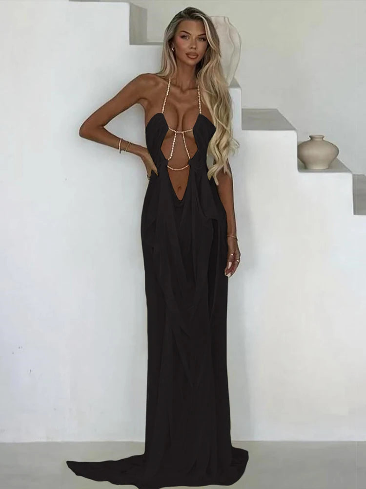 See-Through Halter Chain With Sleeveless Low-Neck Backless Gown for Women