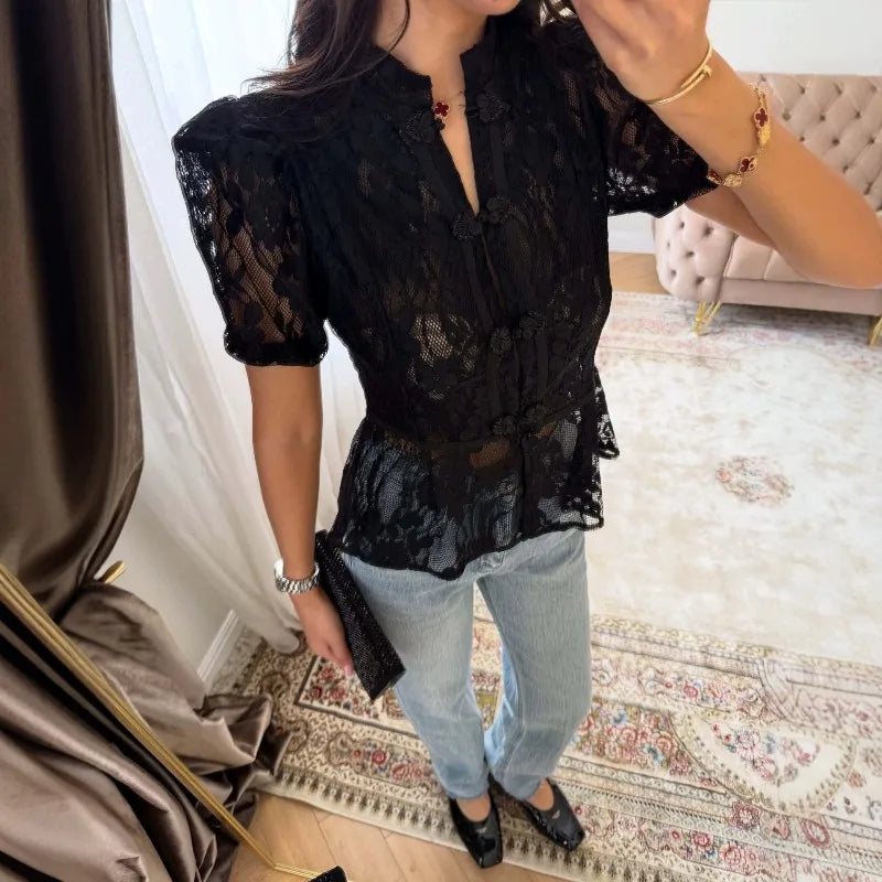 Short Sleeve Floral Lace Sheer Cheongsam Blouse for Women