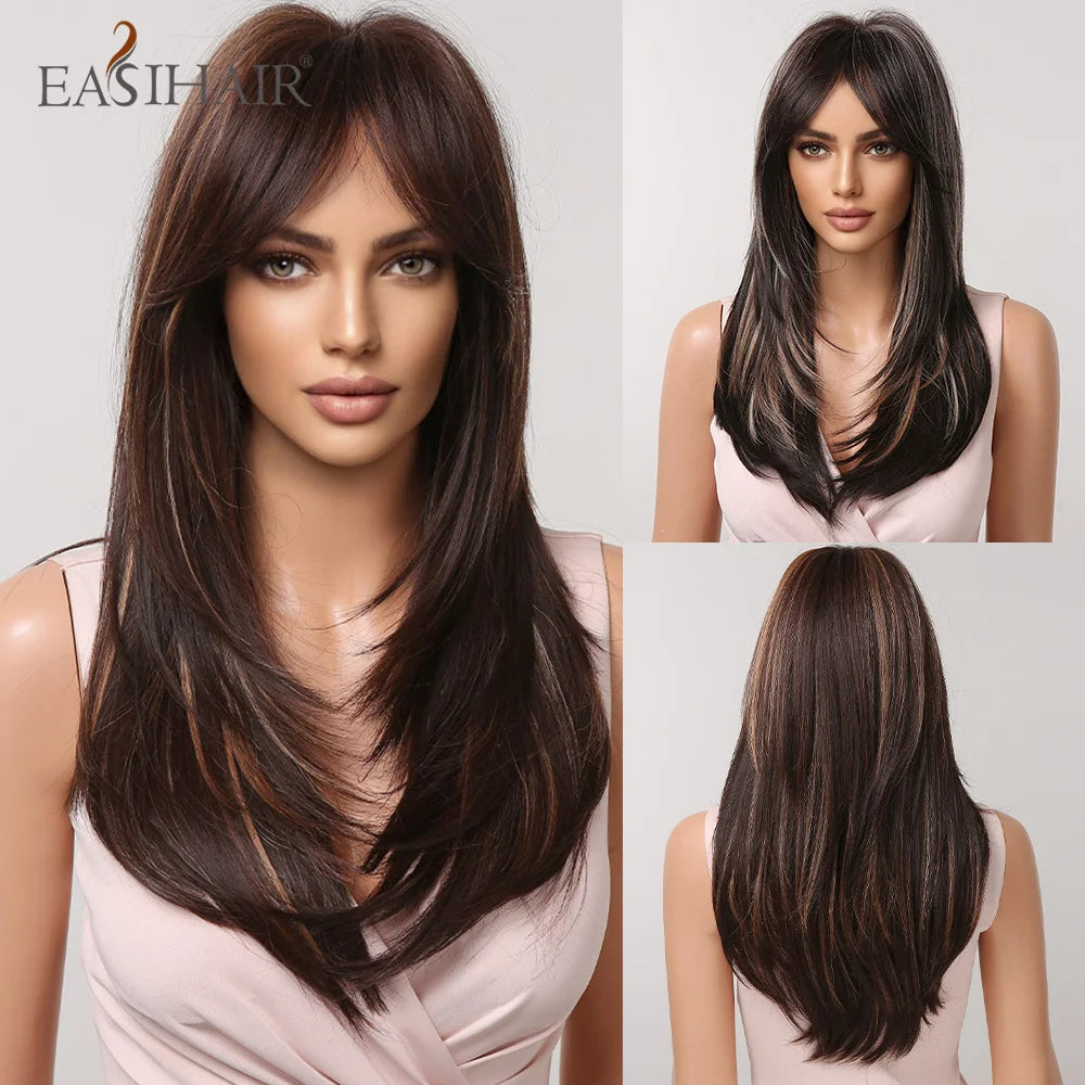 Dark Brown Synthetic Layered Wig With Bangs for Women