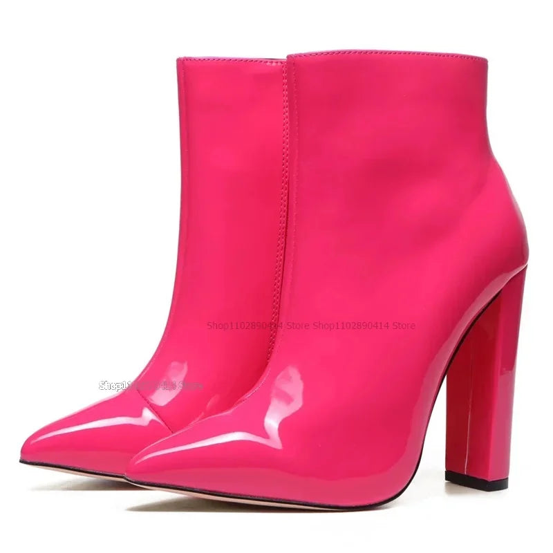 Rose Red Patent Leather Pointy Toe Mid Calf Boots For Women