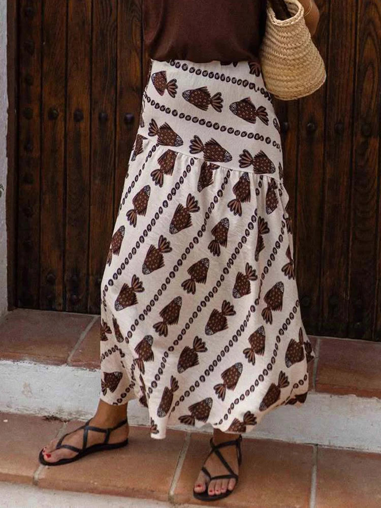 Women Autumn Beach Style Sexy Skirts, 2025 Patchwork Chic Elegant Fashion Skirts, Holiday Simple Retro Print Ladies Maxi Skirts