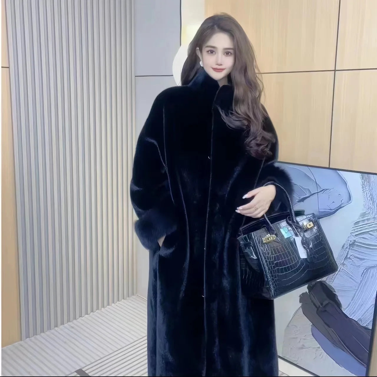 Women's Stand Collar Faux Fur Coat, Blue Jacket, Long Overcoat, Loose, Thicken, Warm, High Quality, Female, Winter, New