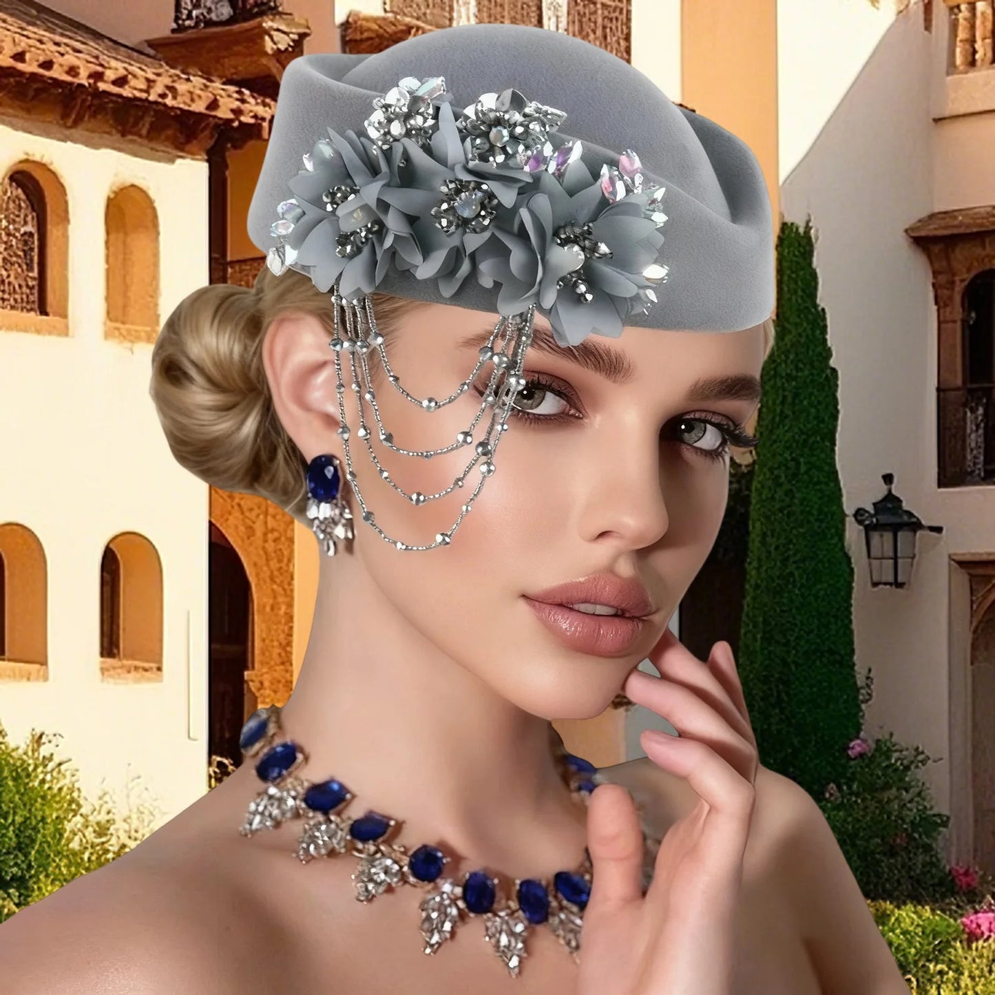 Retro British Beret With Floral Rhinestone Decor For Women