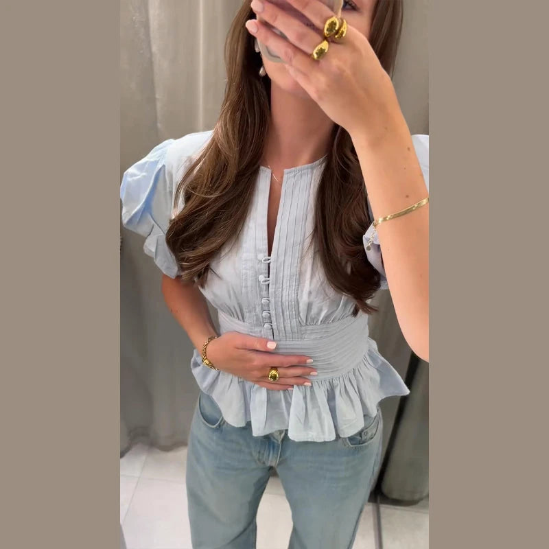 Elegant Puff Sleeve Cinched Waist Solid Color Blouse for Women