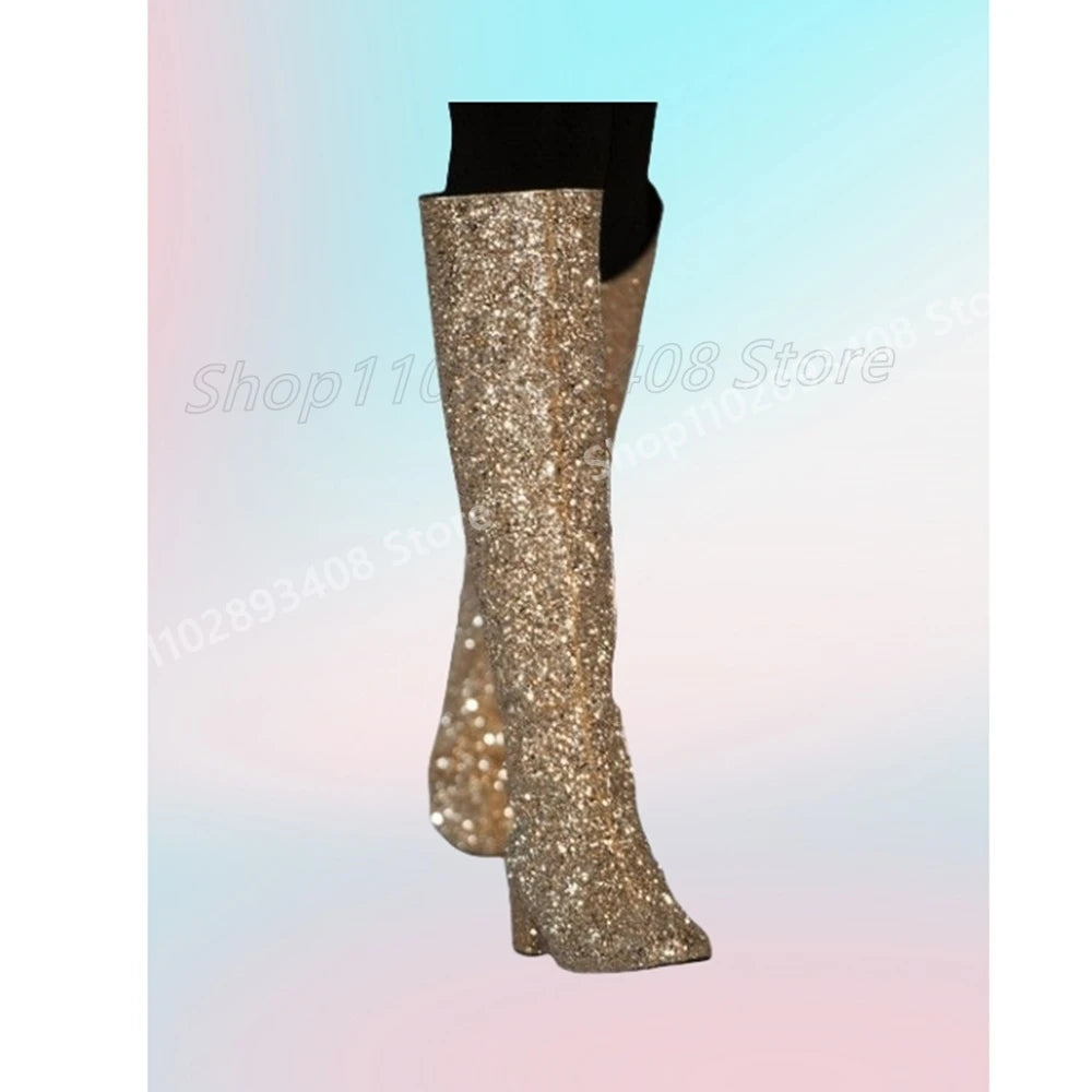 Glitter Sliver Party Dance Knee High Boots Runway Side Zipper Chunky High Heel Fashion Sexy Women Shoes 2025 Hot Para Mujere