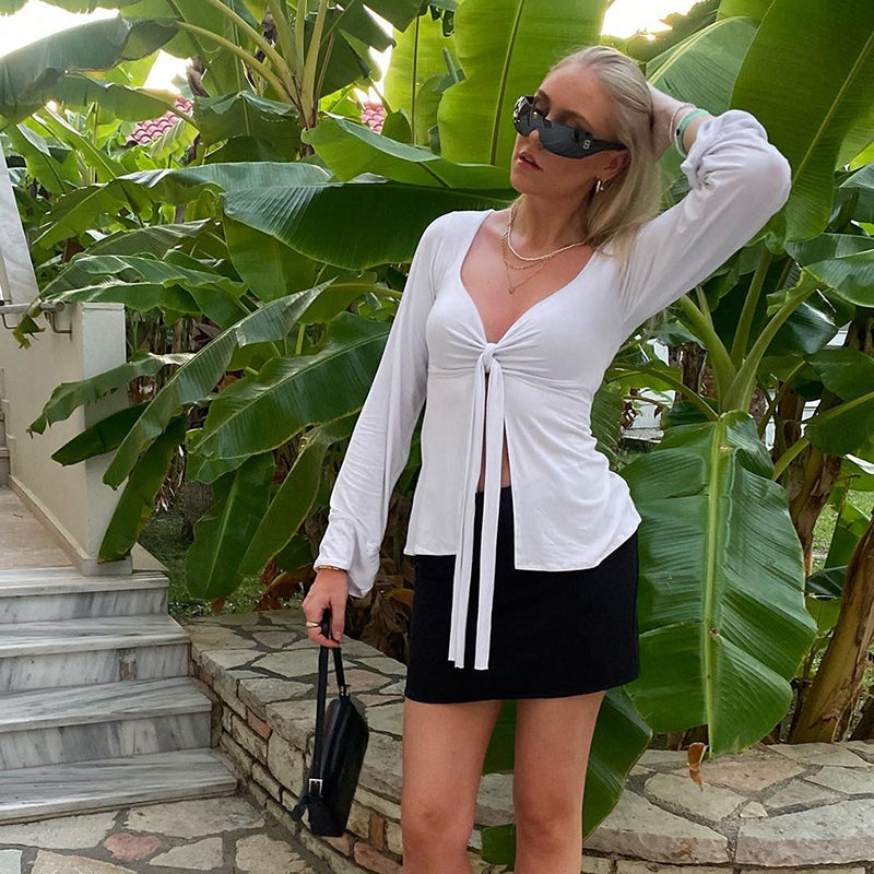 Y2K Cottage Retro Grunge Crop Tops Clothes Elegant Front Tie Up V Neck T-shirt 90s Vintage Chic Women Long Sleeve Blouse Tees