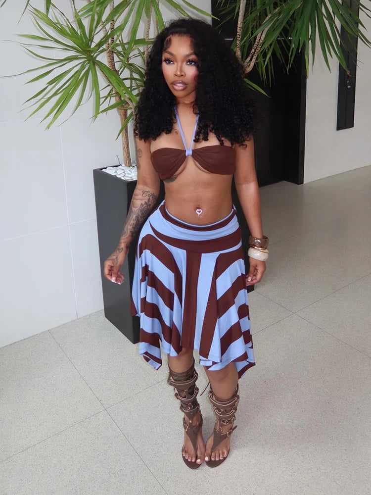 Nibber Holiday 3 Piece Set Woman Halter Rope+Wrap Chest Tops+Stripe Patchwork Mid Skirts Beach Sexy Style Summer Fashion Outfits