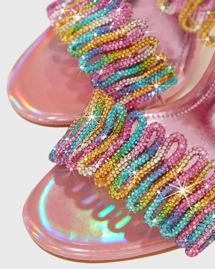 Rhinestone Snake Wrap Around Ankle Open Toe High Heel Sandals for Women