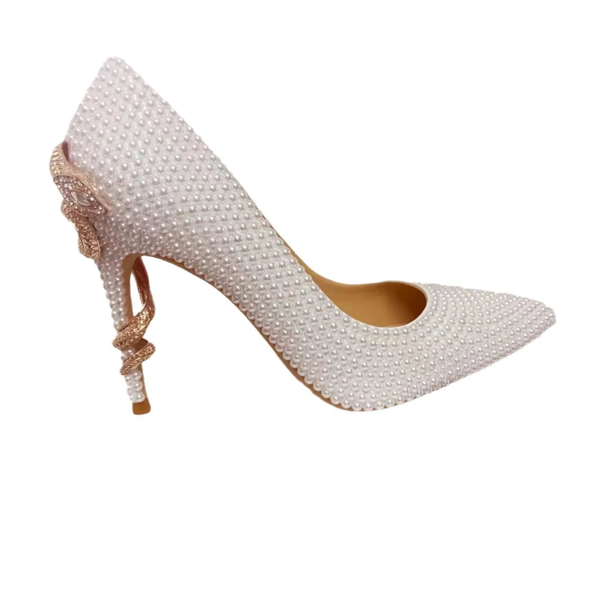 Golden Pearl Embellished Bridal High Heel Pumps For Women