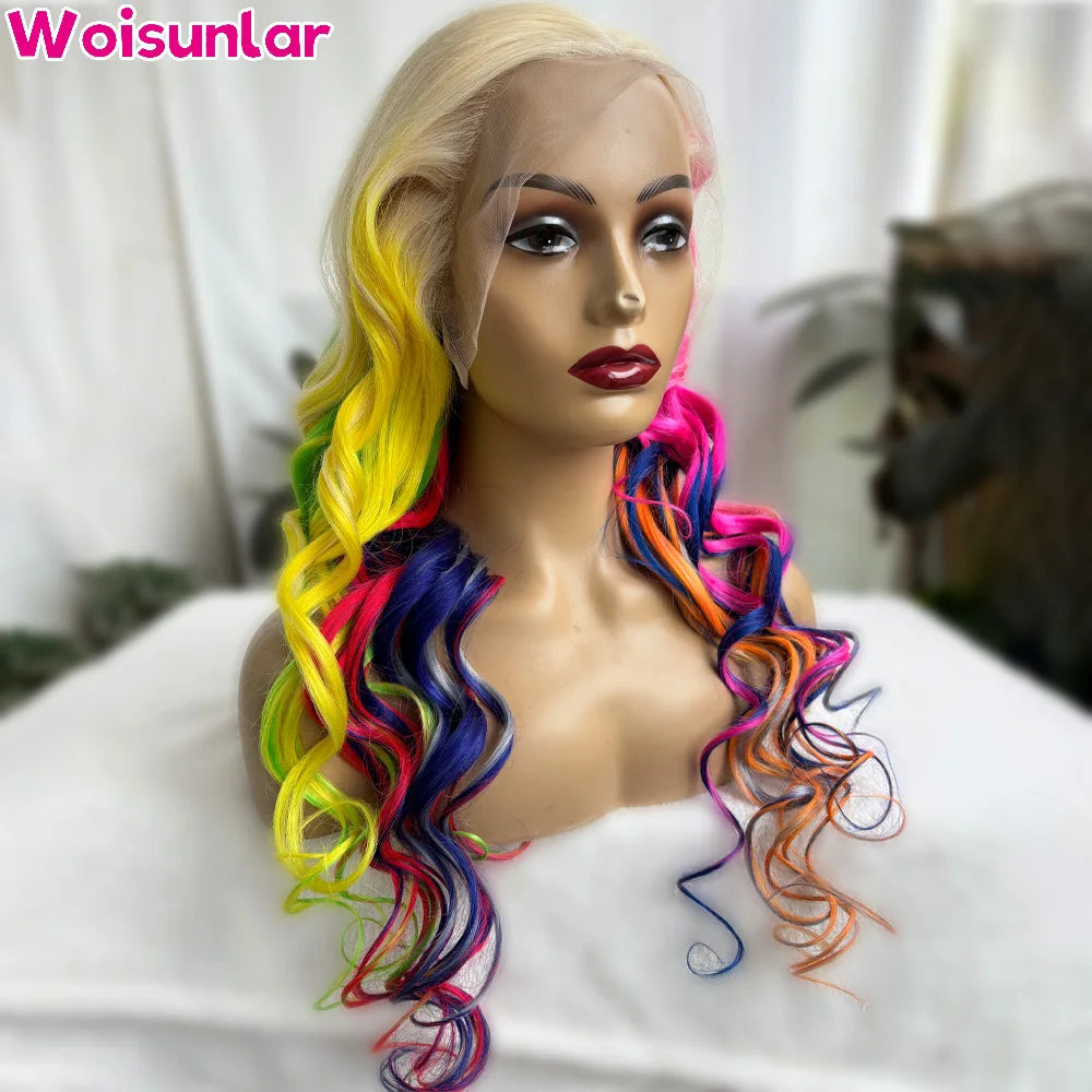 Highlight Colored Green Yellow and Blue Pink Front Wigs Human Hair For Women Body Wave 13x4 Transparent lace Frontal human hair