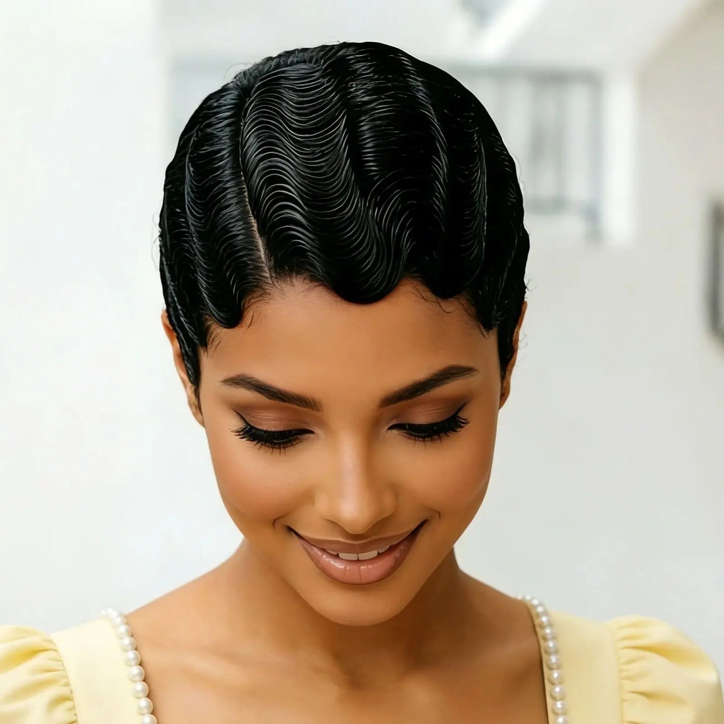 13X4 Lace Front Wig Brazilian Human Hair Finger Wave Short Pixie Cut Wig for Women 180% Density