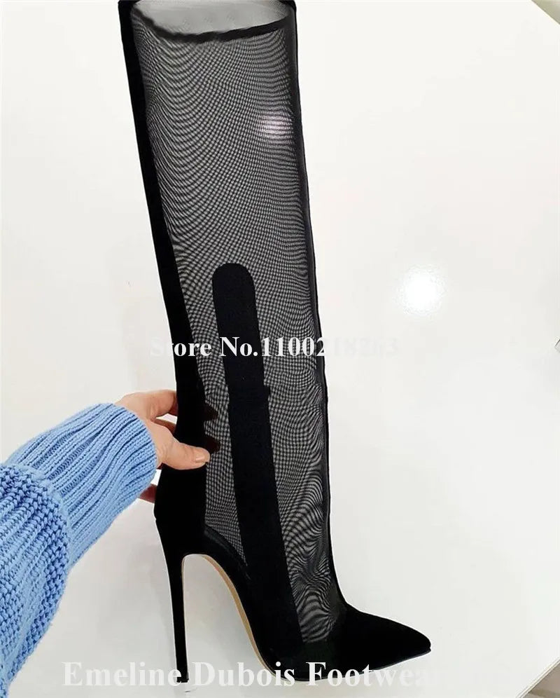 Black Mesh Patchwork Knee High Stiletto Boots for Women