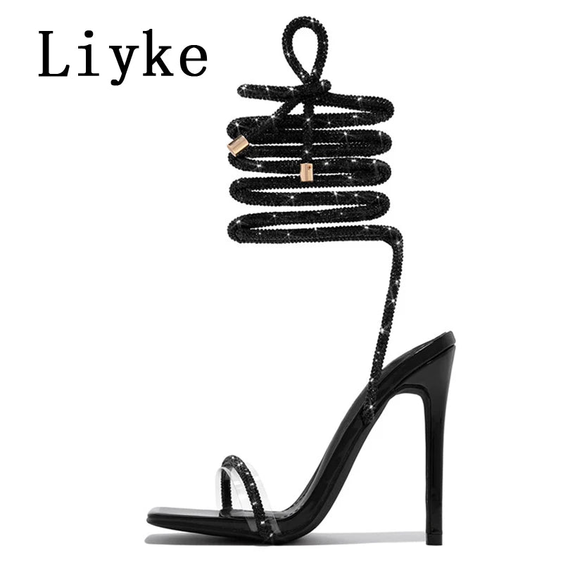 Crystal Glitter Rhinestone Ankle Strap Sandals for Women