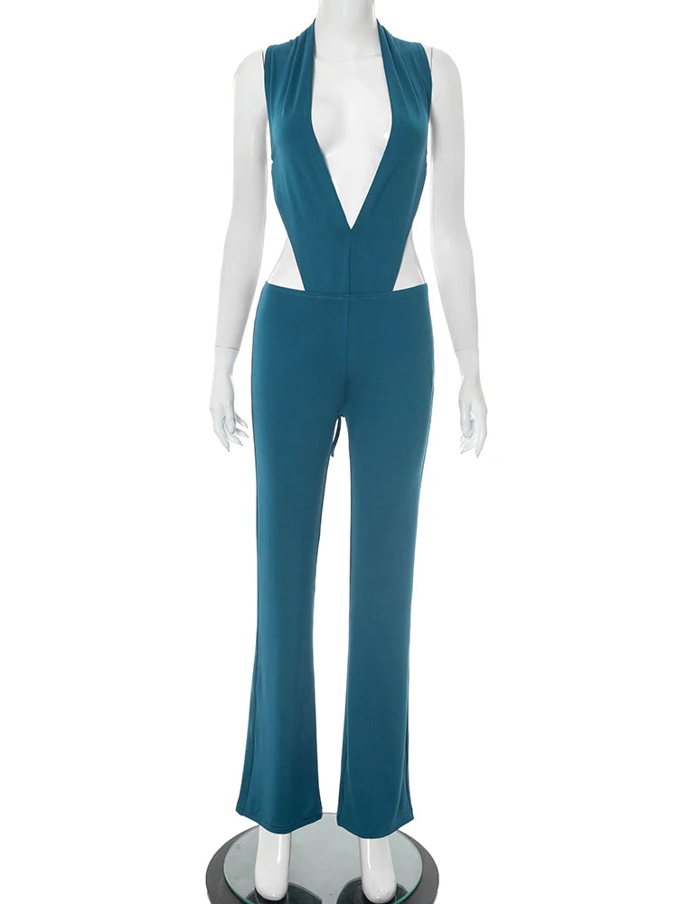 Weird Puss Hipster 2 Piece Set Women Sexy Deep V-Neck Hollow Bandage Bodysuit+Flare Pants Summer Midnight Matching Clubwear Suit