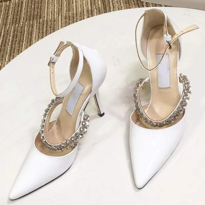Crystal Embellished Pointed Toe Patent Leather Buckle Heels for Women