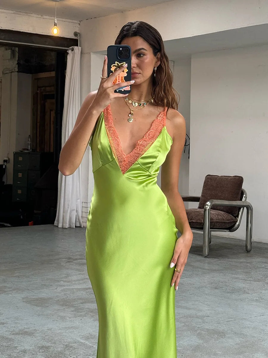 Lace Trim V-Neck Sleeveless Ankle Length Maxi Dress for Women
