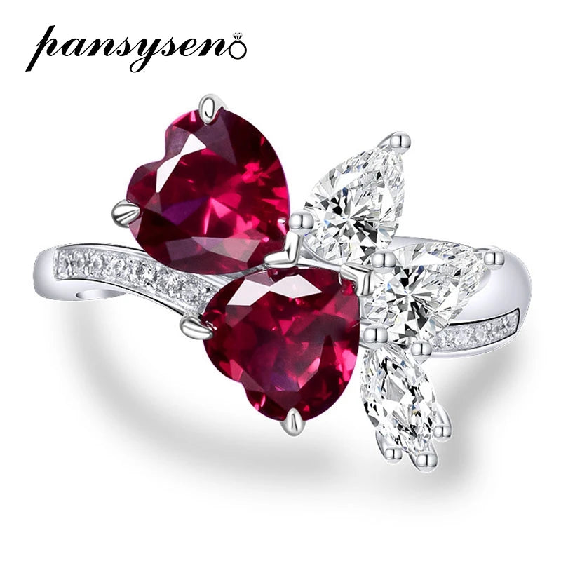 PANSYSEN Vintage 100% 925 Sterling Silver 7*7MM Heart Cut Ruby Diamond Rings for Women Wedding Engagement Fine Jewelry Ring Gift